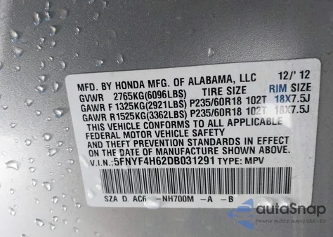 2013 Honda Pilot Ex-L from USA, damaged, VIN 5FNYF4H62DB031291